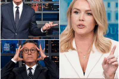“What Began as a Playful Interview Spiraled Into Chaos When Karoline Leavitt Flipped the Script on Stephen Colbert!” What started as a typical late-night interview took an explosive turn when Karoline Leavitt, armed with facts and fire, turned the tables on Stephen Colbert. In a moment no one saw coming, Leavitt called out Colbert’s double standards live on air, silencing the studio and halting the laughter. The tension grew so intense that producers were forced to cut the segment short, creating one of the most unforgettable on-air collisions in late-night television history. What exactly happened, and how did Leavitt leave Colbert speechless? Get all the shocking details behind this viral moment.