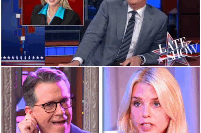 PAM BONDI FLIPS THE LATE SHOW UPSIDE DOWN—STEPHEN COLBERT LEFT SPEECHLESS AND APOLOGIZING BACKSTAGE AFTER A SINGLE REMARK! 😱🔥  What started as a routine segment on The Late Show quickly erupted into a media earthquake when Pam Bondi delivered a single, perfectly timed remark that left Stephen Colbert speechless and scrambling backstage to apologize. The shocking confrontation—marked by silence and calculated precision—has left the show reeling. Is The Late Show now at risk of permanent suspension? The full, jaw-dropping details are below 👇🔥