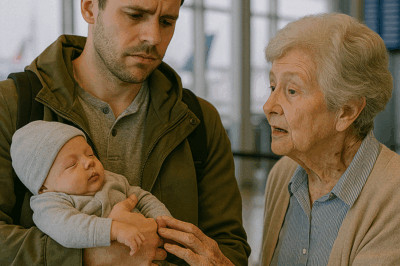 A Grieving Father Carrying His Infant Was Publicly Barred from Boarding a Plane, His Face Breaking as He Pleaded Helplessly With Staff—But Before the Situation Collapsed Entirely, An Elderly Woman With Silver Hair Walked Forward, Her Cane Tapping Against the Floor, And Spoke Words That Left the Entire Terminal Stunned in Silence