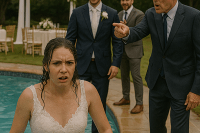 The Ceremony Was Perfect, the Garden Glowed With Joy, and the Bride Believed in Forever—Until, During the Photoshoot, Her Husband Smiled and Shoved Her Into the Water. Guests Gasped, Friends Laughed, and She Stood Drenched in Betrayal. But Then Her Father Stepped Forward—and His Stunning Response Changed the Entire Celebration! 😱😲