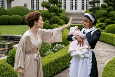 The sharp crack of a slap echoed through the manicured garden of the Harlow estate. Eleanor Harlow, dressed in a silk robe, stood trembling with fury as her hand still lingered mid-air. Opposite her, hands pressed against her cheek, was Grace Thompson, the young Black maid who had been caring for little Amelia. In Grace’s arms, the baby whimpered, sensing the chaos.