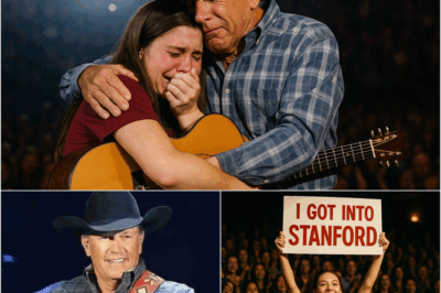 It was supposed to be just another sold-out George Strait show. But halfway through, he stopped — mid-lyric, mid-chord — staring at a crumpled sign in the crowd. Then, he invited a young woman to join him, shocking everyone. The stadium fell into silence as whispers spread: Who was she? Why was George visibly moved? And why did her presence feel like the ending to a story that began years before? By the time the last chord faded, fans were sobbing — because they had just witnessed a secret promise kept in fron