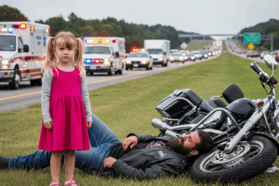 The little girl wrapped her tiny arms around the biker and refused to let go for hours, even when police tried to pull her away.
