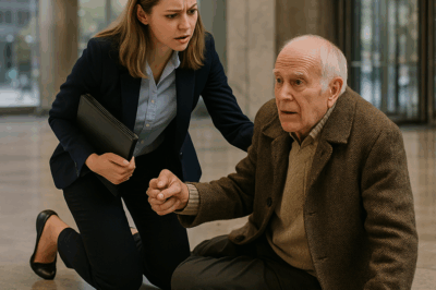 She risked losing the job of her dreams when she stopped her interview preparation to help a frail old man who collapsed in the lobby — but when the CEO arrived, everything froze as he called the stranger “Dad” in front of everyone.