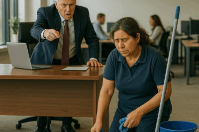 “He Thought She Was Just a Poor Cleaning Lady to Humiliate, But When the CEO Publicly Mocked Her in Front of His Staff, Her Husband Arrived—and The Shocking Truth About His Power, His Wealth, and His Connection to the Company Made the CEO’s Face Turn Pale With Regret.”