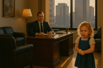 The words came from a tiny four-year-old girl standing in the doorway of the most luxurious office in the city. Her pink slippers tapped nervously against the marble floor, and her small hands twisted the hem of her faded blue dress.