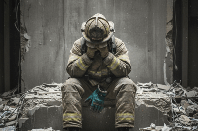 He sat in the dust, helmet bowed, hands gripping cloth as if holding more than fabric. This was not just fatigue