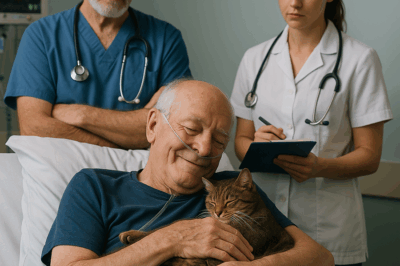 Prior to the difficult surgery, the man wanted a moment to part with his cat but the animal suddenly arched its back, his:sed, and las:hed out with its claws.