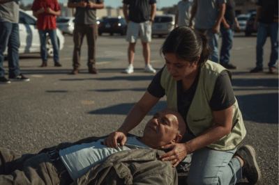 I was face-down on the Walmart parking lot asphalt, the heat biting into my cheek, my hip screaming with every breath. Cars rolled past. A dozen phones pointed at me like I was some circus act instead of a man in pain.