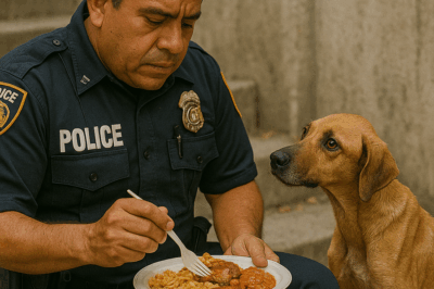 The Starving Dog Sat Beside the Police Officer, Looking Up as if to Ask, “Can I Eat with You?” — What the Officer Did Next Stopped the Whole Street and Revealed a Secret That Changed His Life Forever