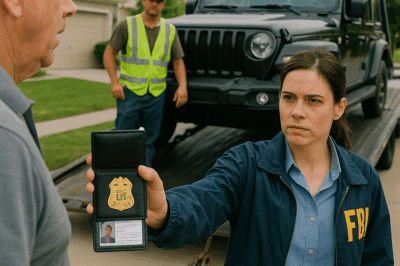 “A Fake Homeowners Association Showed Up With a Tow Truck, Threatening to Take My Wife’s Jeep Because It ‘Violated Community Rules.’ But When They Tried to Get Tough, She Calmly Opened Her Wallet, Flashed Her FBI Badge—And What Happened Next Exposed a Scam None of Us Saw Coming.”