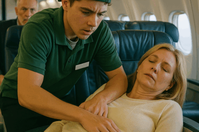 When a billionaire’s glamorous wife suddenly collapsed mid-flight and panic swept through the cabin, no doctor could be found—until a teenage janitor traveling home from his first job used quick thinking that shocked everyone and saved her life.