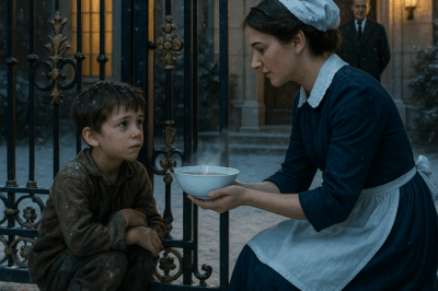 A kind maid saw a small, starving boy shivering outside the mansion gates. Believing her wealthy boss was gone for the day, she risked everything to sneak him into the kitchen and give him a hot meal.