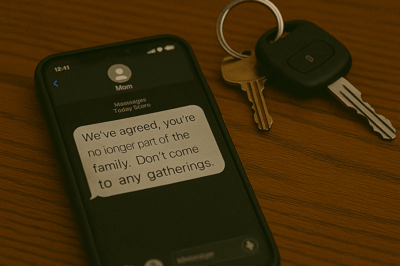 “My mom texted me, ‘We’ve agreed — you’re no longer part of the family. Don’t come to any gatherings.’ I stared at my phone, thinking it was a cruel joke. But when the truth came out about what they’d really been hiding from me — and why they wanted me gone — I realized being disowned wasn’t punishment. It was freedom.”