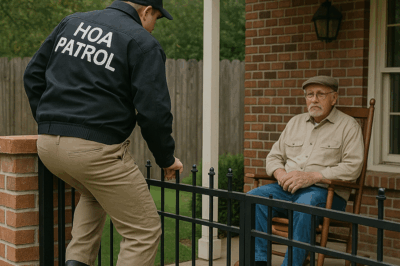 After Months of HOA Patrols Sneaking Into Our Yard to “Inspect” Violations, Grandpa Finally Had Enough—So He Quietly Rigged the Front Gate with a Low-Voltage Electric Deterrent and Waited on the Porch With His Lemonade. What Happened When the HOA Officer Tried Climbing the Fence Again Shocked the Entire Neighborhood.