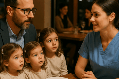 A Blind Date Mix-Up Brought a Young Nurse Face-to-Face With a CEO Single Dad and His Three Identical Daughters — She Thought She’d Been Set Up for Disaster, But When One of the Girls Whispered, “Please Don’t Leave Yet,” Everything About the Night Took a Turn No One Expected.