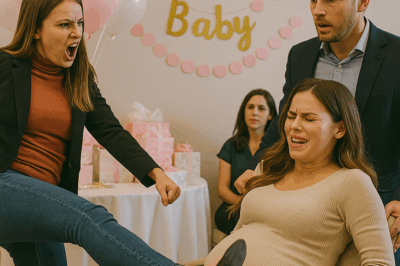 “An Arrogant Guest Insulted and Kicked the Expectant Mother at Her Own Baby Shower, Laughing Until the Door Opened — When Everyone Saw Who the Woman’s Husband Really Was and What He Did Next, Every Smile in the Room Vanished and the Night That Was Meant to Humiliate Her Turned Into a Lesson No One Would Ever Forget”