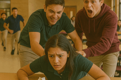 They laughed as they shoved the new girl onto the lunch table, spilling trays and food everywhere. Everyone froze when she didn’t cry or shout—she just stood up, silent, eyes cold as stone. Minutes later, when the principal walked in with two soldiers behind him, every bully ran.