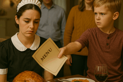 At Thanksgiving Dinner, My Sister’s 8-Year-Old Threw the Menu at Me and Yelled, “Mom Says Maids Eat in the Kitchen!” Everyone Laughed — Until My Sister Saw What I Put on the Table an Hour Later. What Happened Next Made Them All Go Silent Forever.