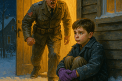 The little boy stood trembling in the heavy snow, his small hands purple from the cold, his cheeks covered in dark bruises